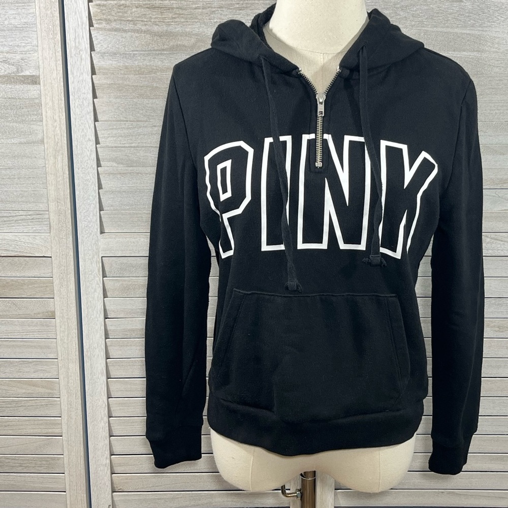 VICTORIA'S SECRET/PINK 1/4 Zip Cropped Hoodie Black/White-Small
